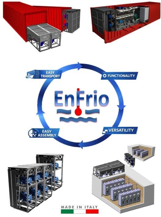 Enfrio system overview infographic showing container-fit modular configurations
